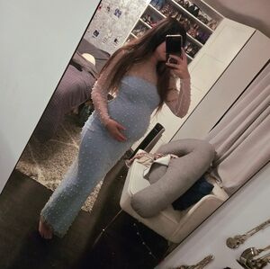 Elegant Maternity Blue Pearl-Embellished Dress Baby Shower